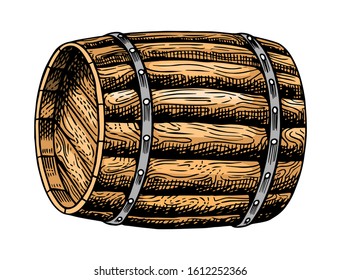 Wooden whiskey barrel or wine. Vintage Strong Alcohol drink. Hand drawn engraved monochrome sketch for retro poster, badge. American symbol.