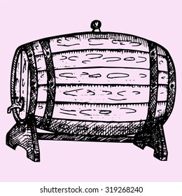 wooden whiskey, beer, rum, wine barrel with tap, hand drawn, doodle style, sketch illustration