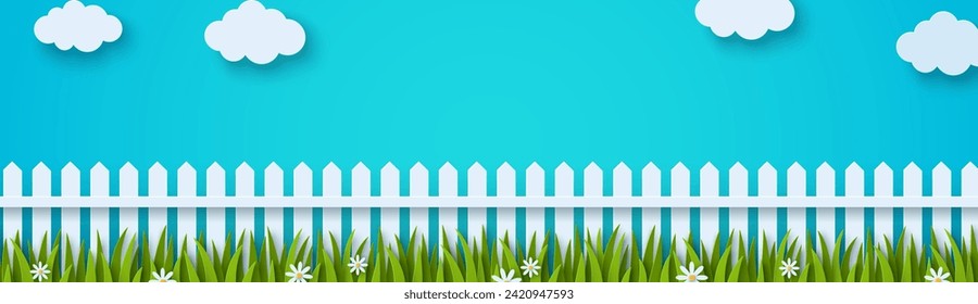 Wooden white fence, flowers and grass. Vector illustration. Sumer banner poster template, place for text. Paper cut clouds in blue spring sky. Chamomile daisy lawn