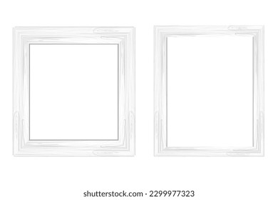 Wooden white frame, textured, detailed border in cartoon style isolated on white background. Rustic, retro