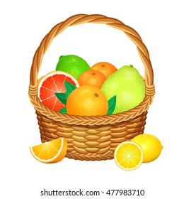 Wooden wicker basket with fruits isolated on a white background. Vector illustration