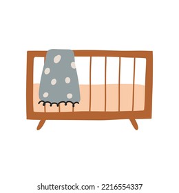Wooden wicker crib for a newborn baby. Boho Baby Nursery Scandinavian Neutral Decor Element. Baby Shower Minimalist Clipart for Newborn