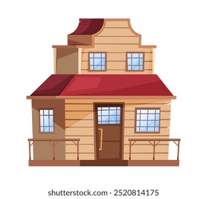 Wooden wild west building, isolated icon of old home or saloon with porch. Vector cartoon rustic facade, house construction with two stories and windows. Texas style environment designs