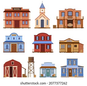 Wooden wild west style buildings set vector illustration. Collection antique American western architecture facade hotel, church, saloon, bank, warehouse, police sheriff, water barrel storage isolated