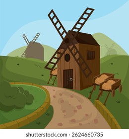 Wooden windmill and carts. Vector illustration
