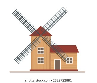 Wooden windmill icon isolated on white background. Traditional farm building for grinding wheat grains to flour. Dutch or netherland wind Mill. Vector illustrations.