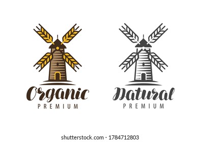 Wooden windmill logo or symbol. Organic, natural food concept