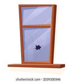 Wooden window with broken, cracked glass in cartoon style isolated on white background. Accident, abandoned construction.