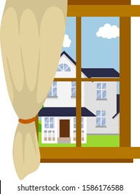 Wooden window with curtain. Beautiful view. Suburban home. Cozy place. Summer season. Cartoon flat illustration