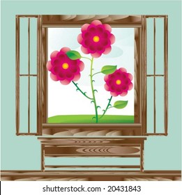 wooden window floral landscape