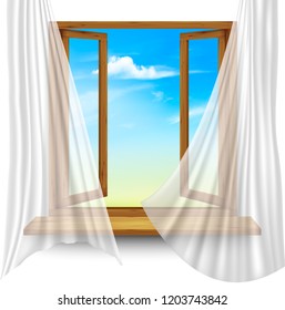 Wooden window frame with curtains on a transparent background. Vector