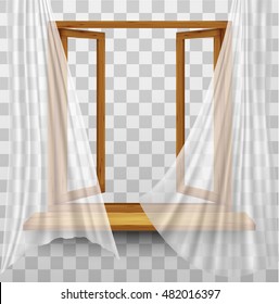 Wooden window frame with curtains on a transparent background. Vector