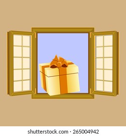 wooden window with a gift