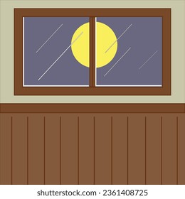 wooden window at night with full moon for cartoon wallpaper