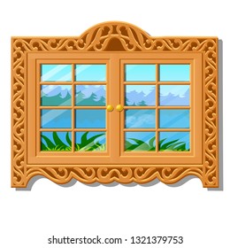 The wooden window overlooking of the forest in summer isolated on white background. Vector cartoon close-up illustration.