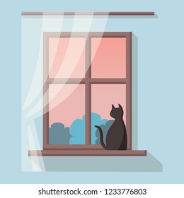 Wooden window with pink and blue landscape view. Black cat is sitting on the windowsill and looks away. Vector illustration in flat cartoon style. Cosy sweet home interior.