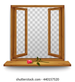 Wooden window with a red rose on the windowsill. Vector.