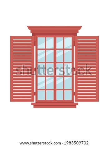 Wooden window with red shutters retro window vector illustration on white background
