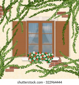 Wooden window with shutters, overgrown ivy. The element of the facade of the building. Vector illustrations.