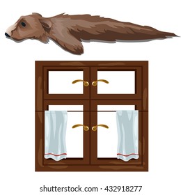 Wooden window, the skin of a brown bear. The interior of the room of the hunter. Vector illustration.