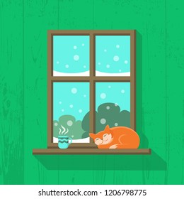 Wooden window with snowy landscape view. Red cat is sleeping and a cup of hot coffee or tea is standing on the windowsill. Vector illustration in flat cartoon style. Cosy sweet home interior.