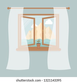 Wooden window with tulle as design element for interior of room on blue background. Outside summer landscape:sea, mountain,the sky and white clouds. Plant in pot on windowsill.Vector illustration