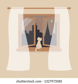 Wooden window with tulle as design element for interior of room on cream background. Night city scene or cityscape is outside. Cat sit on windowsill and looking in the open window.Vector illustration