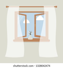 Wooden window with tulle as design element for interior of room on grey background. Outside the spring sky and white clouds. Vase with snowdrops on windowsill.Vector illustration