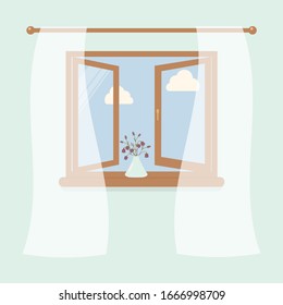 Wooden window with tulle as design element for interior of room on light background. Outside the spring sky and white clouds. Vase with Bluebell Flowers on windowsill.Vector illustration