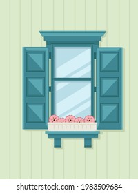 Wooden window with turquoise shutters and flower pot retro window vector illustration on white background