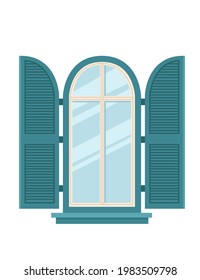 Wooden window with turquoise shutters retro window vector illustration on white background