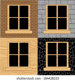 Wooden window in wall from stone,brick and tree