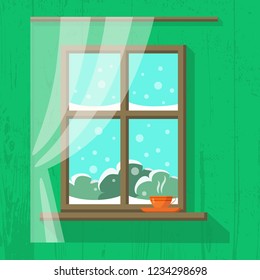 Wooden window with white curtain and with snowy landscape view. A cup of hot coffee or tea is standing on the windowsill. Vector illustration in flat cartoon style. Cosy sweet home interior