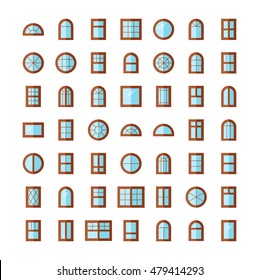 Wooden windows. Architecture elements. Flat colored icons. Traditional, french, arch and round window frames. Isolated on white background. 