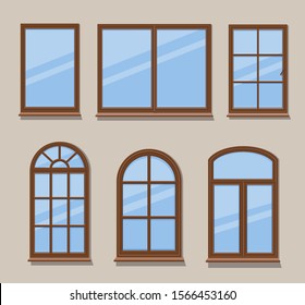 Wooden windows types icons set vector. Brown frames various types collection vector illustration. 