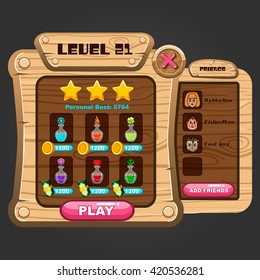 Wooden windows user interface. Game design illustration.