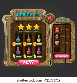 Wooden windows user interface. Game design illustration.