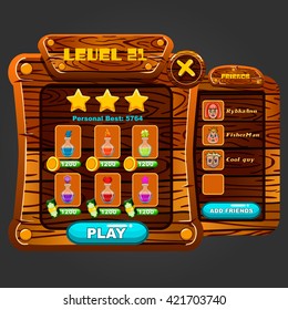 Wooden windows user interface. Game design illustration.