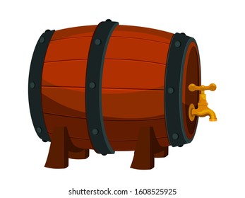 Wooden wine barrel with faucet on legs isolated on white. Wood drink container, cask, keg for cellar, bar, pub, restaurant. Seasonal vineyard harvest storage. Winemaking. Vector illustration
