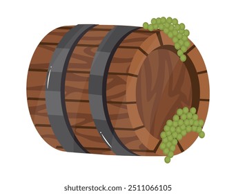 Barril de vino de madera con Ilustración vectorial de uvas verdes en un estilo plano Ideal para temas de vinificación y tiendas de bebidas