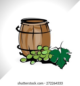 Wooden wine barrels and grape