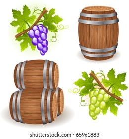Wooden wine barrels and grape
