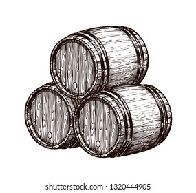 Wooden wine barrels. Hand drawn vintage vector illustration