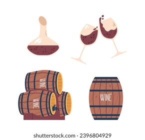 Wooden Wine Barrels Stacked In Symmetry, Clinking Wineglasses with Red Wine and Sommelier Glass Flask for Tasting