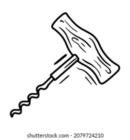 Wooden wine corkscrew linear vector icon in doodle sketch style