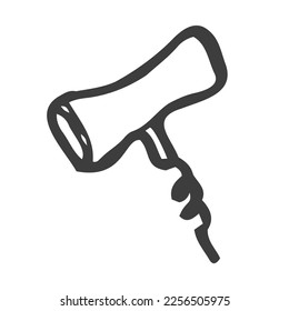 Wooden wine corkscrew linear vector icon in doodle sketch style