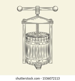 Wooden wine press. Grape press sketch. Cider making vintage engraved style. Vector illustration. 