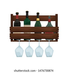 Wooden wine shelf with glass holders. Wine cellar.