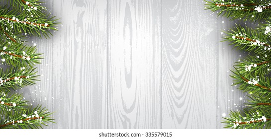 Wooden winter background with fir branches. Vector illustration.