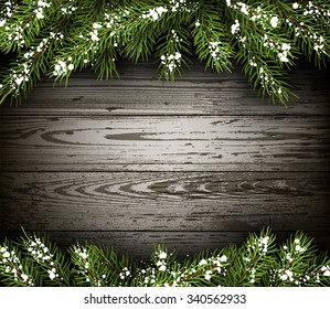 Wooden winter background with fir branches. Vector illustration.